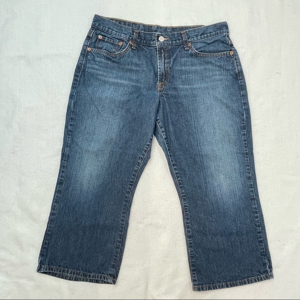 Lucky Brand Dungarees Refugee Crops Classic Clamdigger can roll cuffs Sz 32‌‌‌‌‌